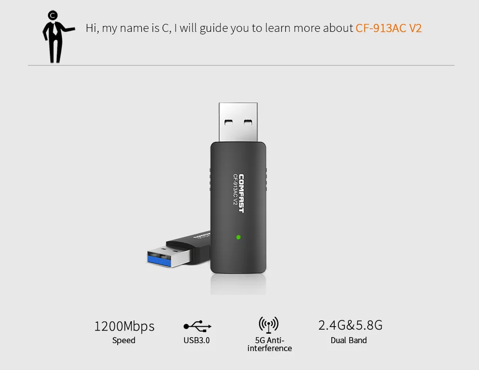 Comfast 913AC USB wifi 1200 Мбит/с 2,4G& 5G wifi адаптер 802.11AC Wi-Fi ключ/усилитель ethernet Сетевая карта wifi приемник сигнала