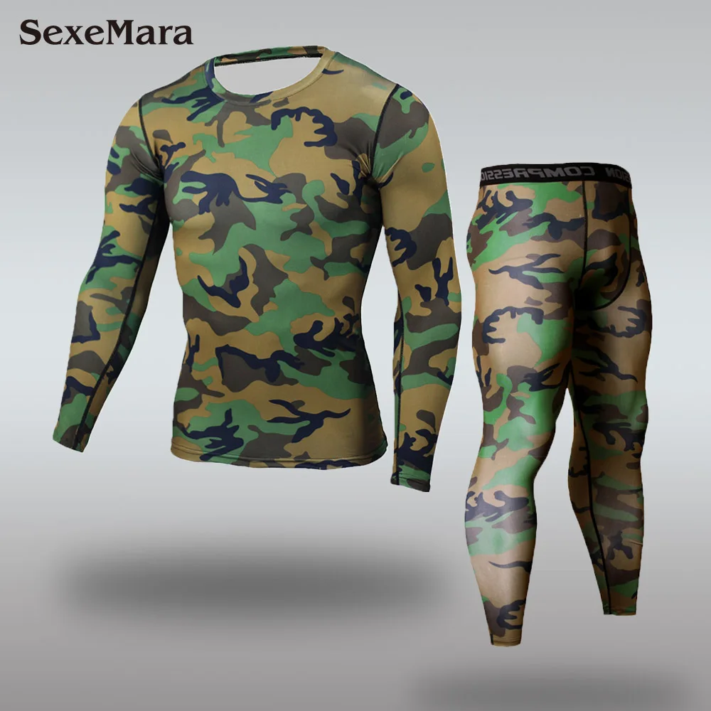 2018 SexeMara Quick Dry Camouflage Men's Running Sets Compression Sports Suits Skinny Tights Clothes Gym Fitness Camo Sportswear
