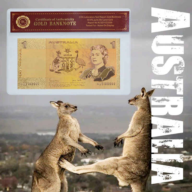 

Colorful Australia Gold Banknote Old AUD 1 2 5 10 20 50 100 Banknote Set Acrylic Banknote Gold Plated With Certificate Holder