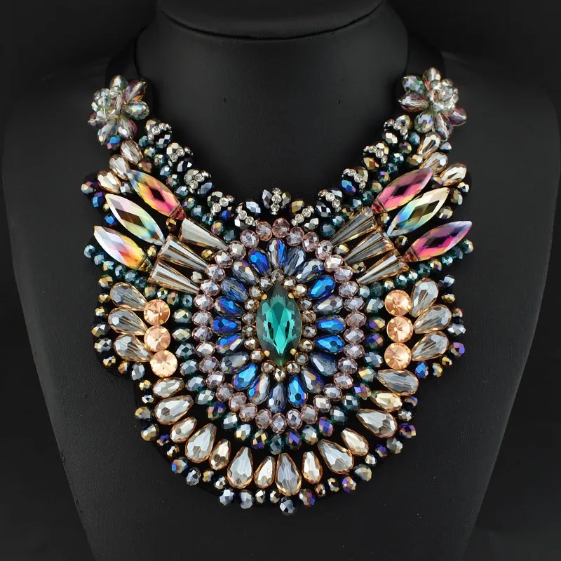 

UKMOC Multi Color Bib Necklace with Crystal Shrouded Cotton String Tied Unique Style Luxury Jewelry Glamour Bib Choker #2970