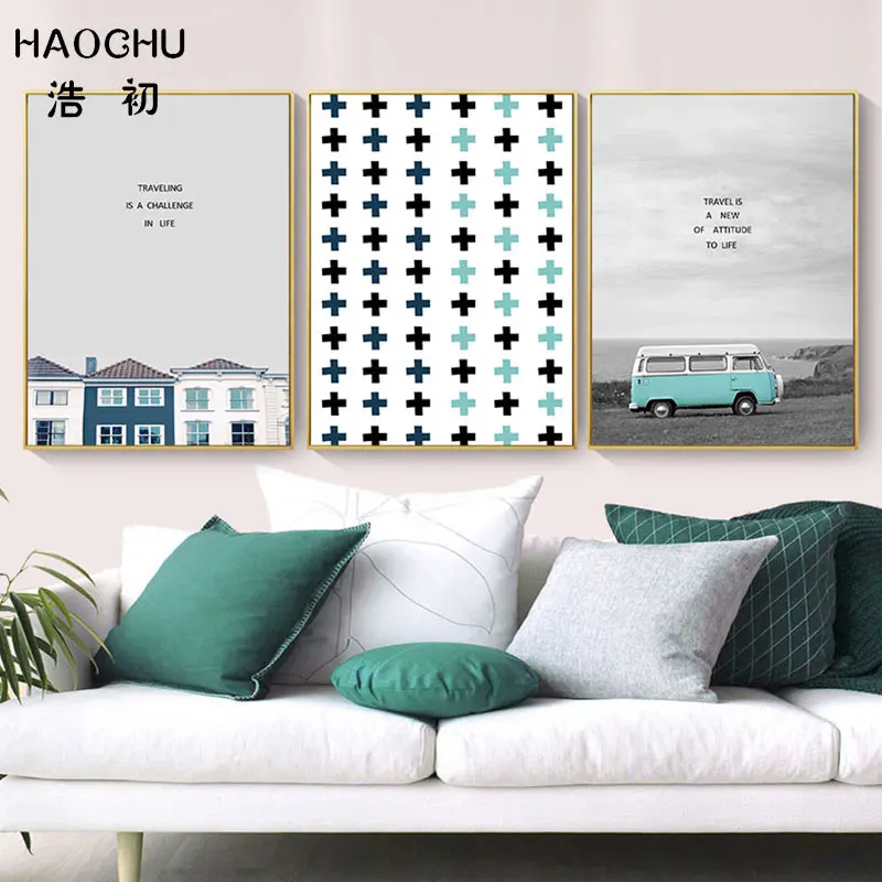 HAOCHU Art Poster Landscape Canvas Painting Sea View Blue Car Fresh House Gray Sky Home Decoration Picture Wall Decor | Дом и сад