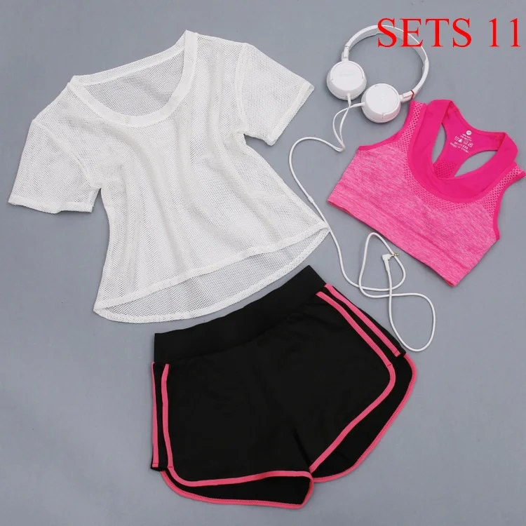 Women Sportwear 3 Pieces Suits Fitness Yoga Set T-Shirt&Bra&Shorts Sport Set Gym Clothes Sport Wear Training Suit Running,ZF197 - Цвет: Sets 11