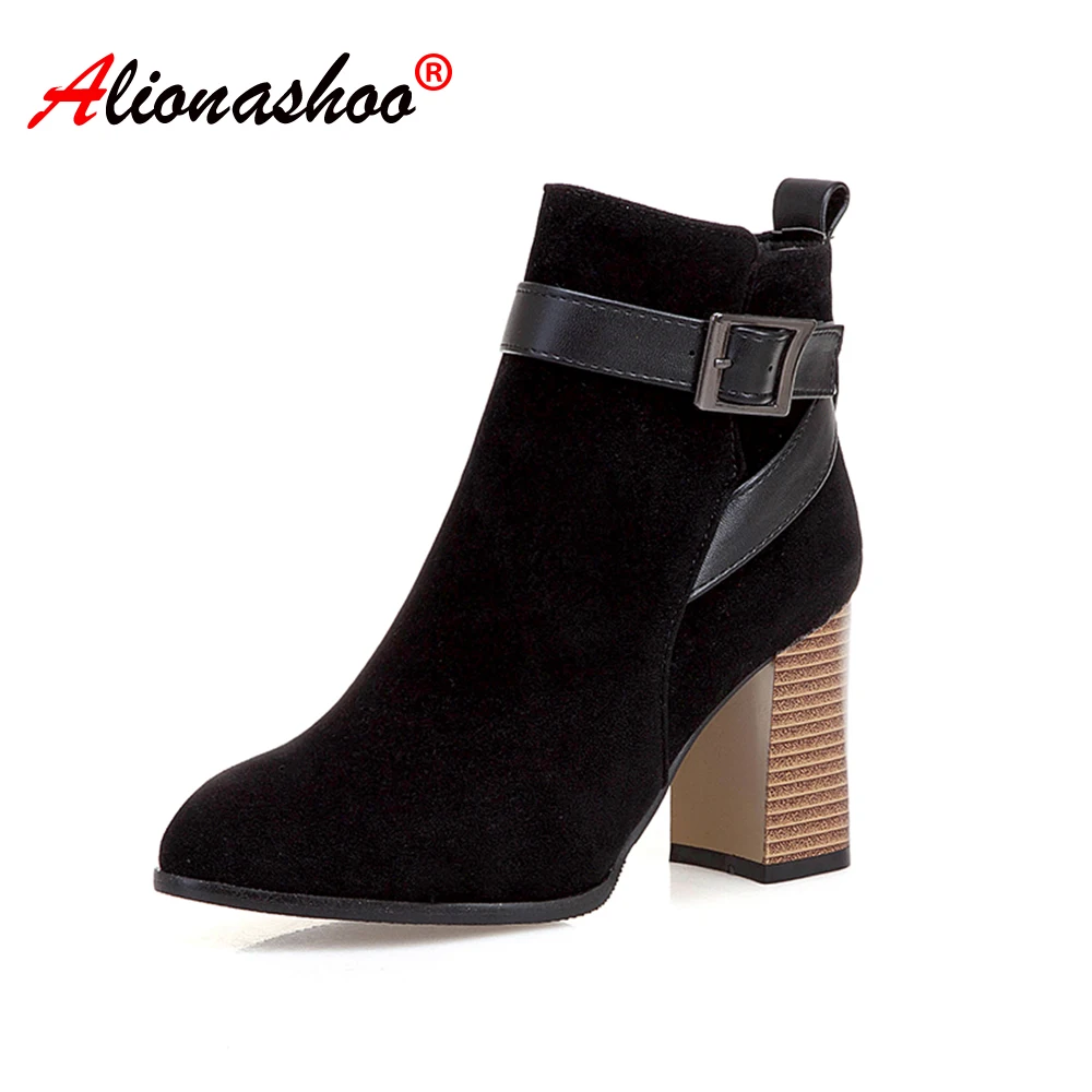Boots Women 2019 New Patchwork Block High Heel Women's Ankle Boots Round Toe Buckle Ladies Motorcycle Boots Large Size 34-50