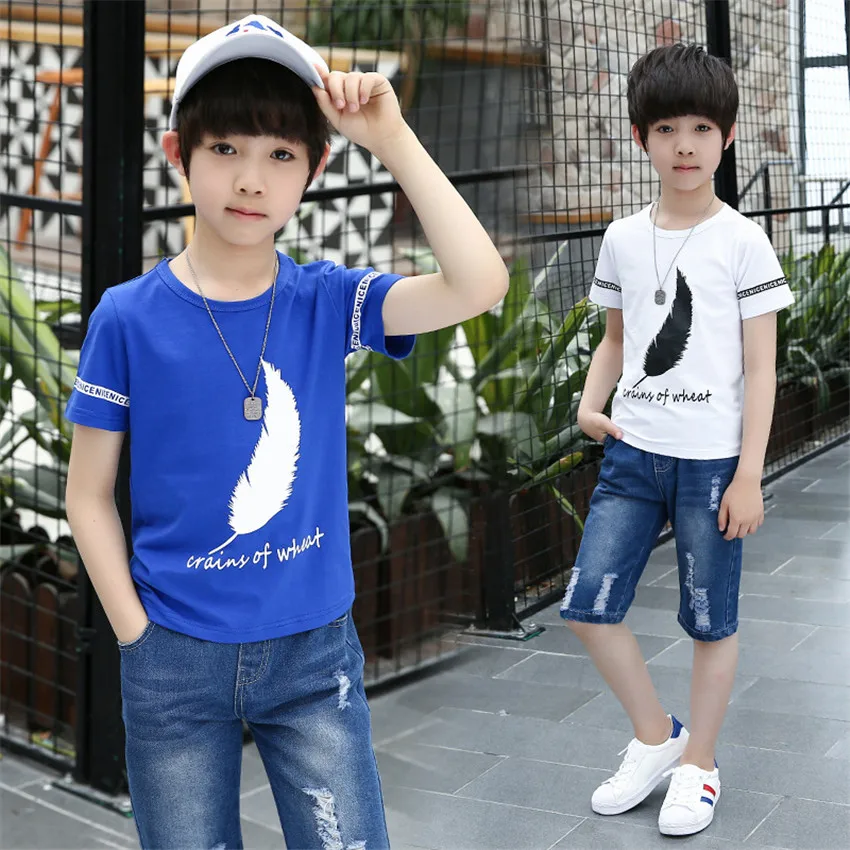 

4-14 y boys summer set clothing 2019 boy child tracksuit kids sets knee length jeans pants children t-shirts boys 10 12 years