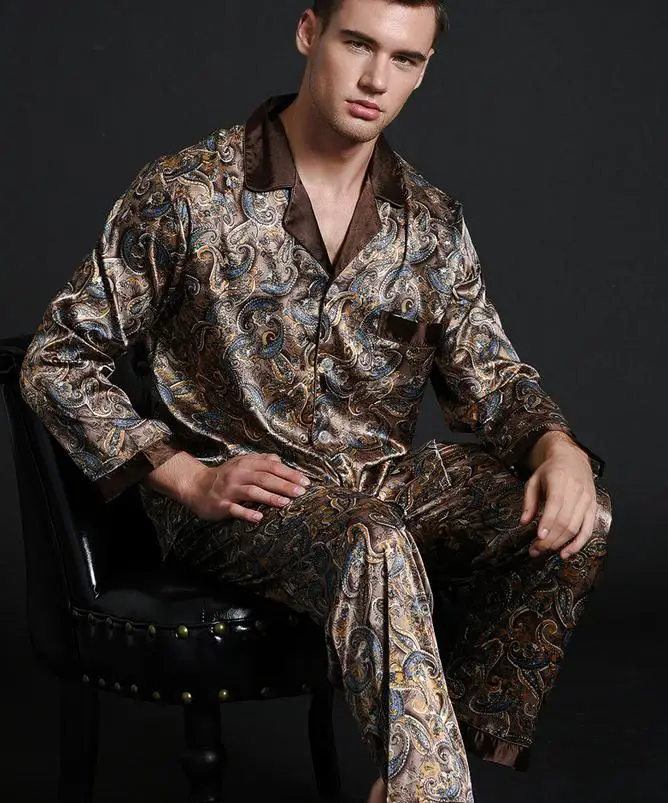 Абсолютно комплект из 2 предметов, китайский Мужской Атласный Шелковый пижамный комплект с отложным воротником, пижама с длинными рукавами, Повседневная Пижама, пижама L XL 2XL - Цвет: As picture show