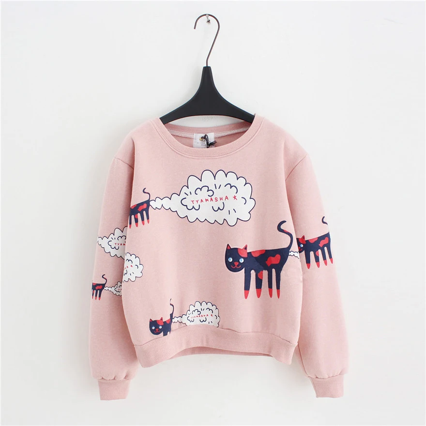 2016 New Spring AutumnSweatshirt Women Tops Plus Size Loose Casual Plus Thick Velvet Cartoon Cat Pattern Sweatshirts Pullovers