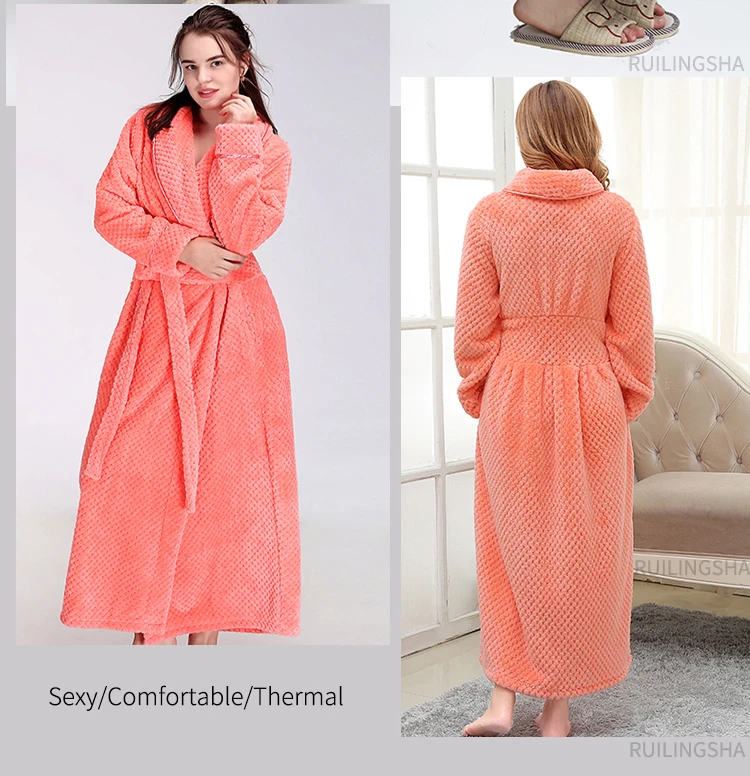 Men Women Winter Extra Long Thicken Grid Flannel Warm Bath Robe Luxury Soft Thermal Bathrobe Mens Dressing Gown Male Sexy Robes