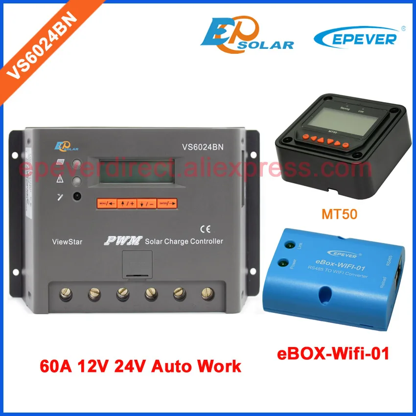 

PWM VS6024BN 12V 24V Auto work solar 60A charger controller wifi box and MT50 remote meter parameters setting EPEVER 60amps