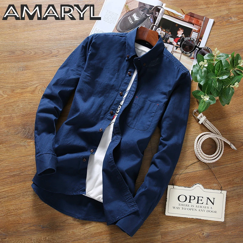 AMARYL 100% Cotton Shirt 2017 Spring Autumn New High Quality Fashion Men's Solid Color Casual Slim Fit Camisa Masculina | Мужская