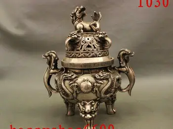 

Folk Chinese Silver Dragon Ball Beast Lion Head Statue Incense Burner Censer