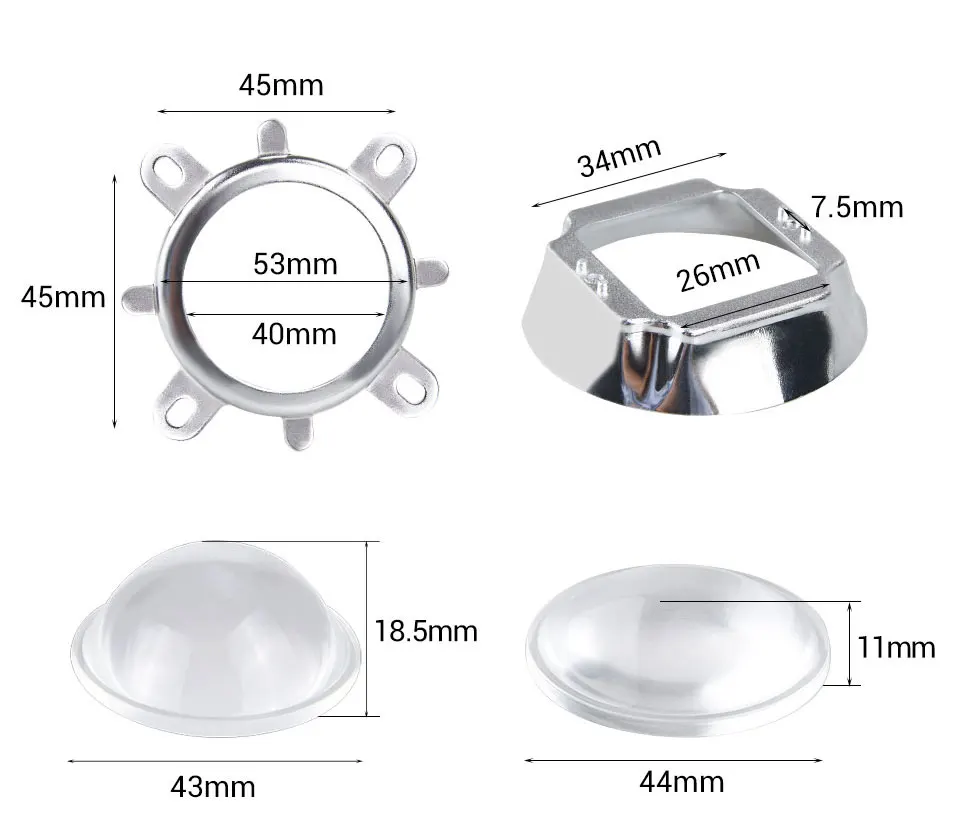1 комплект, оптический светодиодный объектив 44 мм, светодиодный объектив 60, 120 градусов, рефлекторный Коллиматор, фиксированный кронштейн для 20 Вт, 30 Вт, 50 Вт, светодиодный чип COB