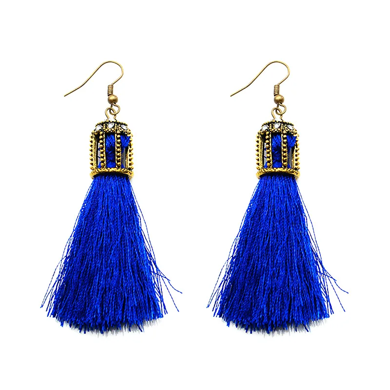 

QCOOLJLY Vintage Gold Color Crystal Long Tassel Dangle Earrings Women Bijoux Fashion Jewelry Wholesale Black Royal Blue Color