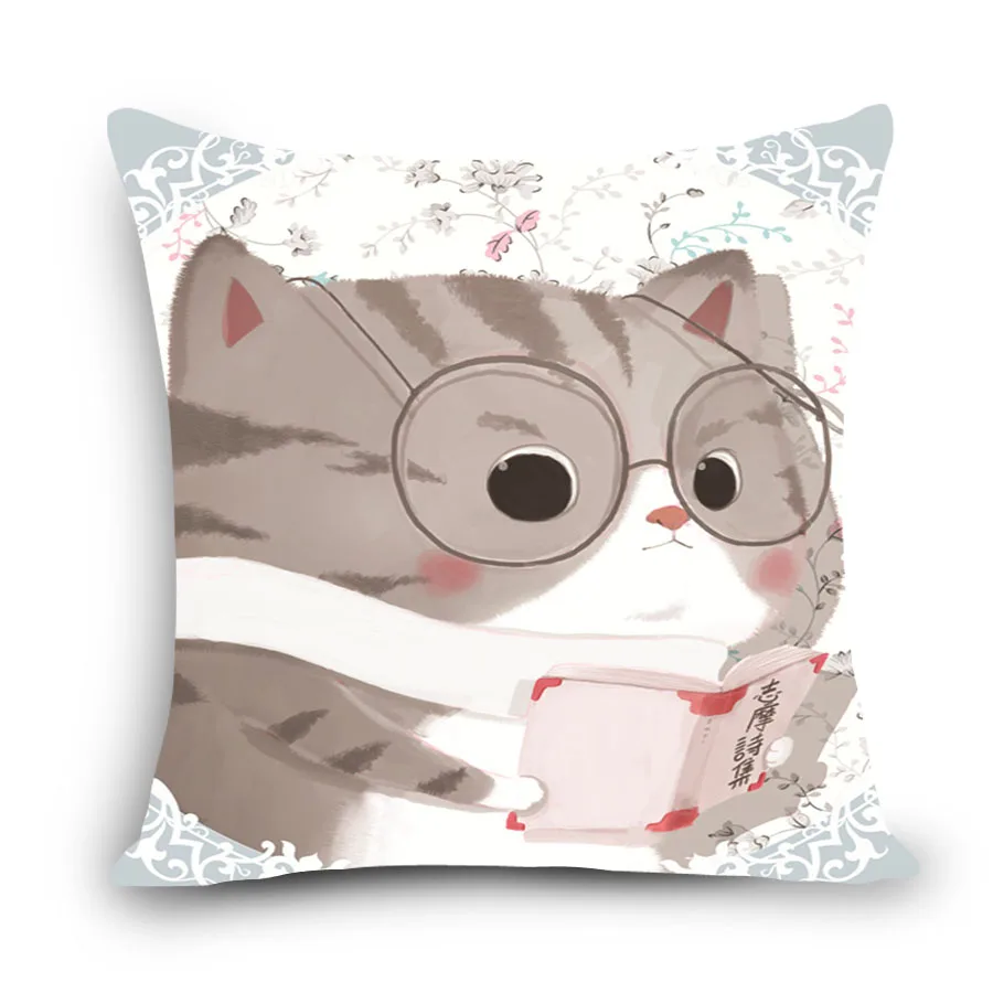 Merek Baru Lucu Kucing Gambar Kartun Linen Katun Campuran Rumah