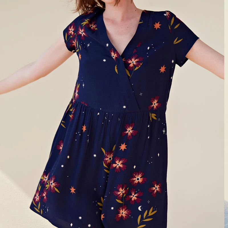 

Women Dress 2019 Summer Starry Floral Print Vintage V-neck Short Sleeve Dress