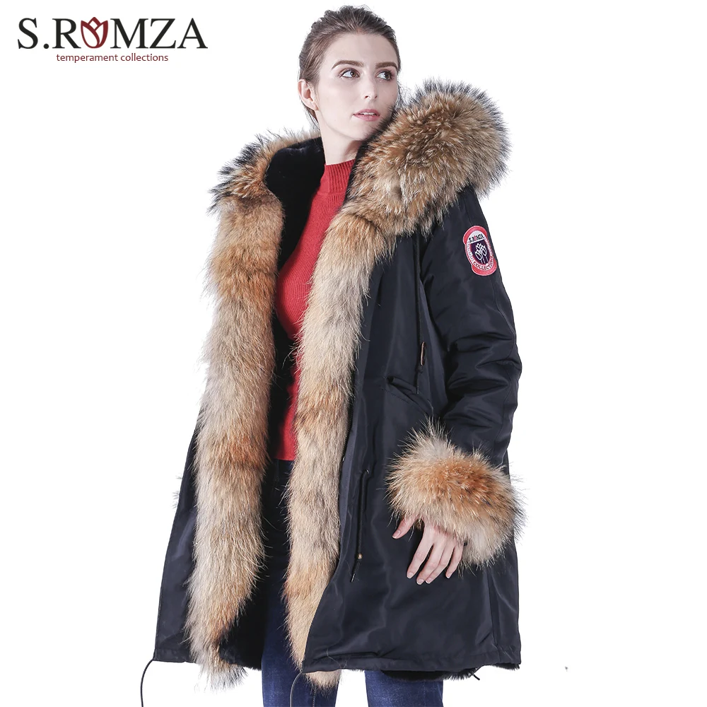 S.ROMZA Large Real Raccoon Fur Parka Women Coat Jacket Waterproof