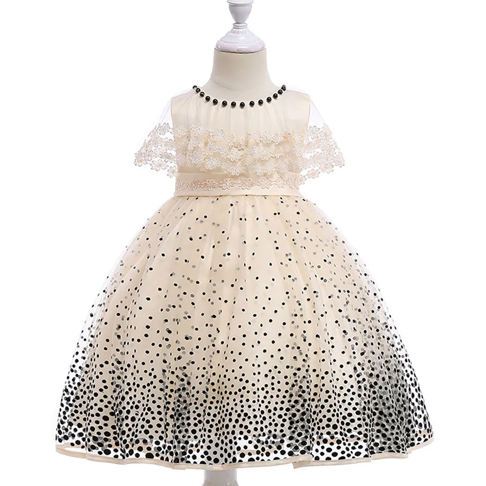 

casual print pearls tiered kids girl dresses sleeveless bow sashes o-neck ball gown girl dress 4 6 8 10 12 y children clothing