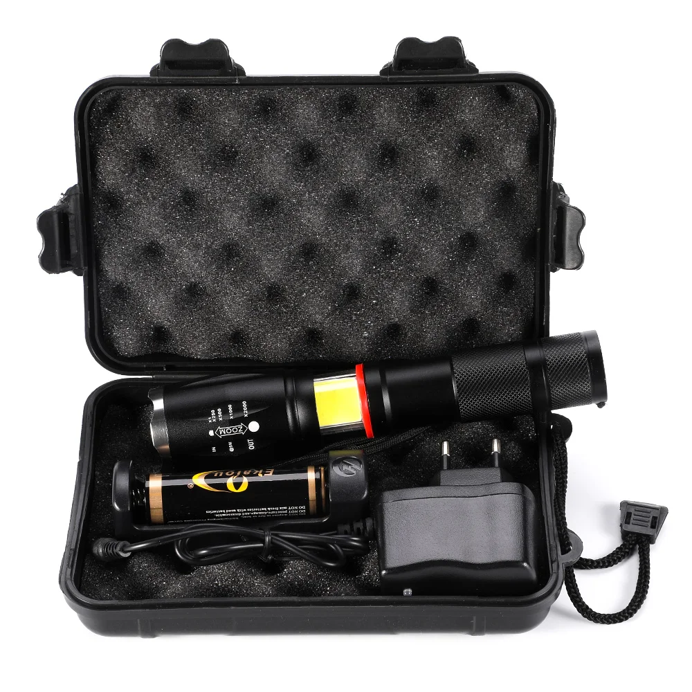 Beste Cob led zaklamp XML T6 Zoom Torch 9000 Lumen Draagbare schijnwerper 5 Modi werk licht Camping voor 18650 Batterij lader SET