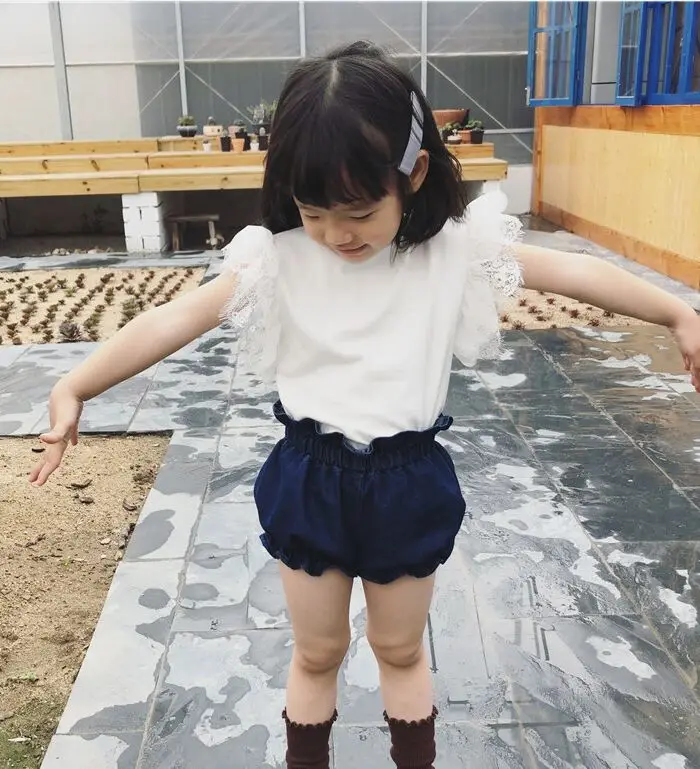 Коллекция года, Детская Кружевная футболка с короткими рукавами для девочек детские летние однотонные топы, футболка одежда для маленьких девочек в японском и корейском стиле - Цвет: Белый