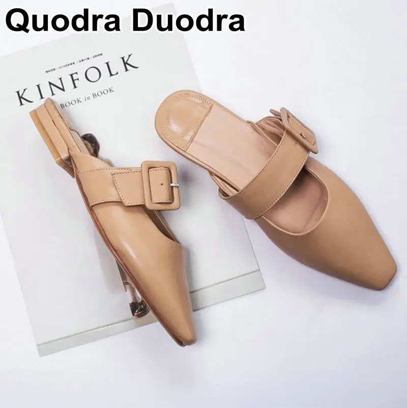 

Luxury Pointed Toe Flat shoes Woman Slippers Slip On Buckle Loafers Mules square heel chunky mules Female Outdoor Slippers 43
