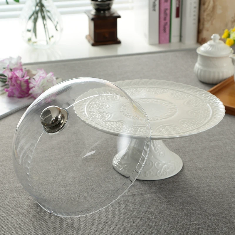 Ceramic Relief Compote Cake Stand Plate with Cover Decorative Porcelain Stem Dessert Serving Tray Fruits Dinnerware Utensil