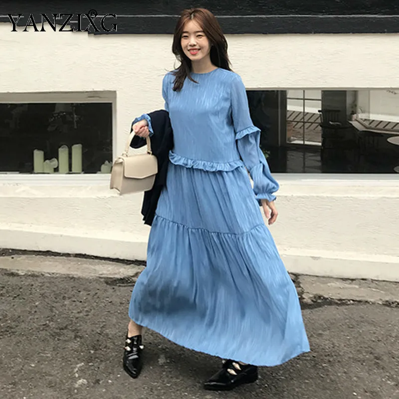 

2019 New Summer Fashion Women Clothing Vintage Looseankle-length Lantern Sleeve O-neck Dress Female Vestido R133