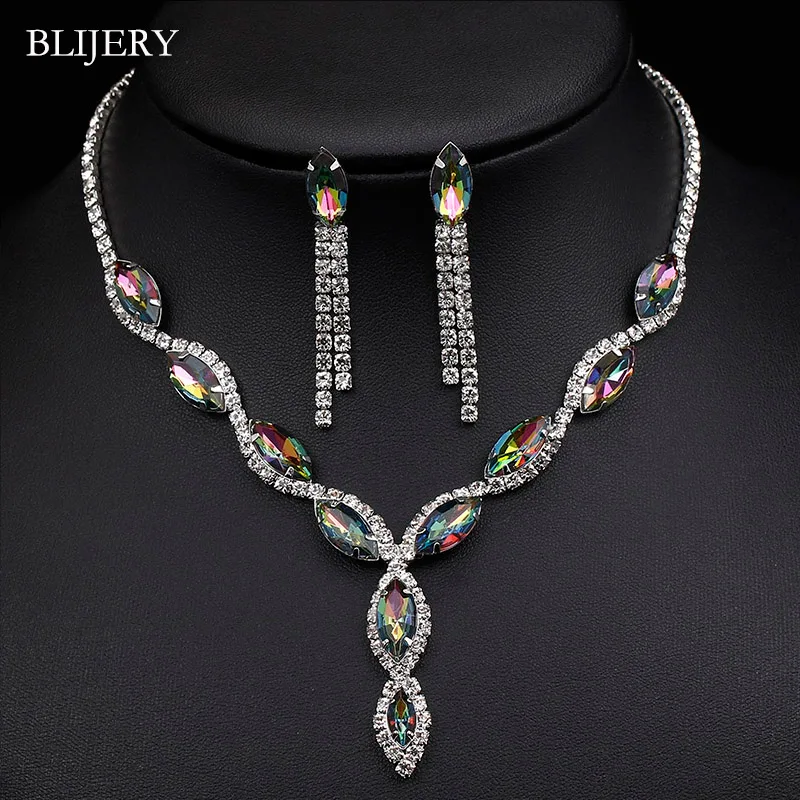 BLIJERY Fashion Pink Crystal Prom Wedding Jewelry Sets for Women Accessories Floral Tassel Necklace Earrings Bridal Jewelry Sets