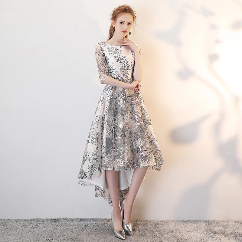 Simple High Low Evening Dresses Long 2018 Elegant O-neck Half Sleeves Lace Prom Dresses For Graduation Plus Size