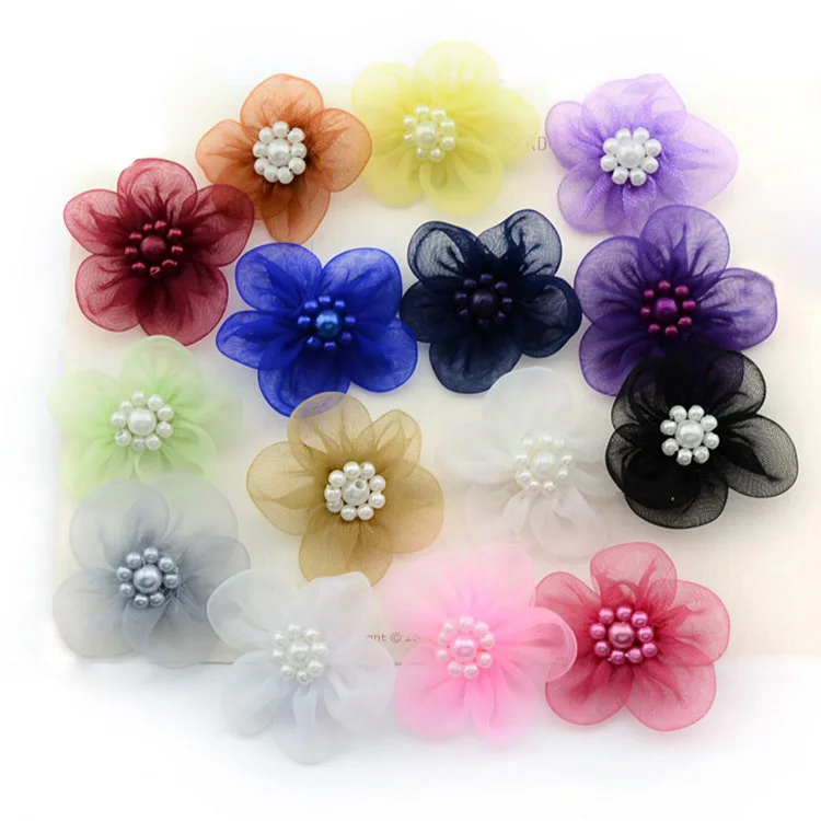 100pcs/lot Multicolor Soft Chiffon Flower with Pearl Handmade Mesh ...
