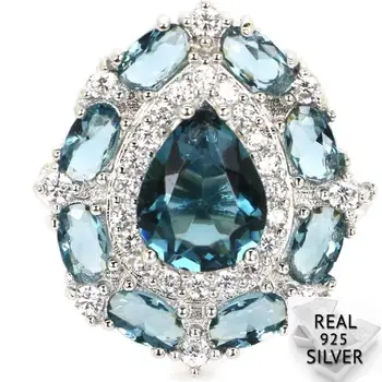 

5.1g Real 925 Solid Sterling Silver Ravishing Top London Blue Topaz CZ Ladies Rings US 7.5# 24x21mm