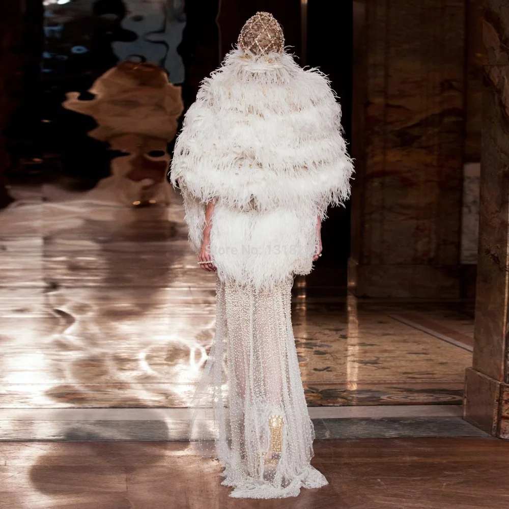 B103 Real Elegant Women Ostrich Feather Long Sleeve Fur Shrug Bridal ...