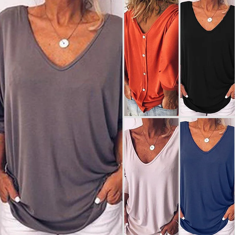 عارضة طويلة الأكمام تي شيرت المرأة فضفاض القمم المحملة قميص فام مثير الخامس الرقبة الإناث القمصان مكتب Blusas موهير 2019 عارضة طويلة الأكمام تي شيرت المرأة فضفاض القمم المحملة قميص فام مثير الخامس الرقبة الإناث القمصان مكتب Blusas موهير 2019