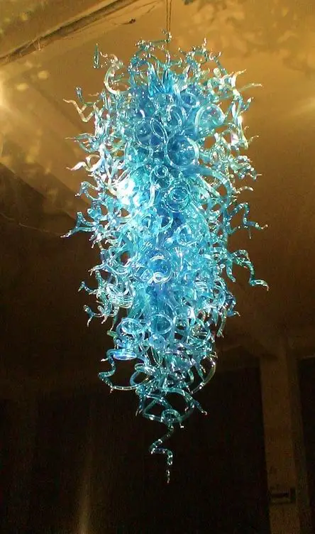 

Cheap Price Turquoise Color Glass Crystal Chandelier LED Light Source Chihuly Style Blown Glass Long Chandelier