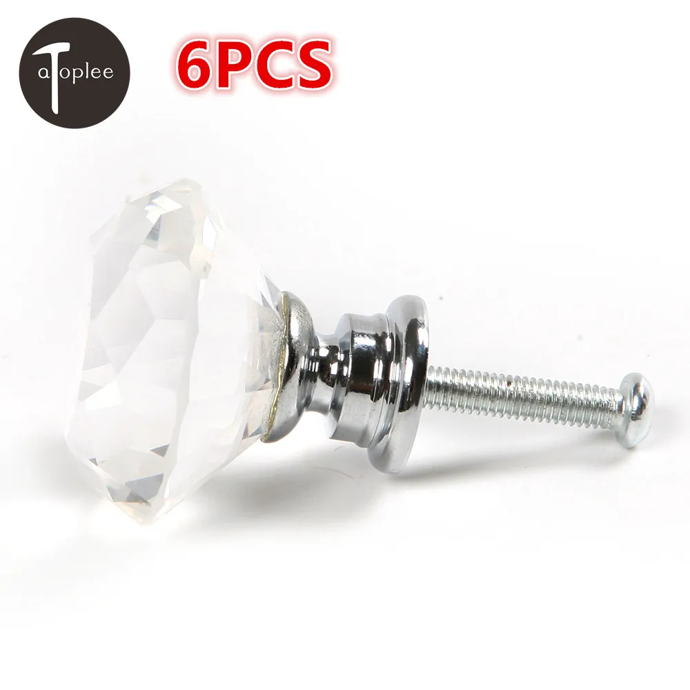 6Pcs 30mm Zinc Alloy Clear Crystal Glass Diamond Shape Pull Handle Knobs Cupboard Cabinet Drawer Door Furniture Knob+Screw