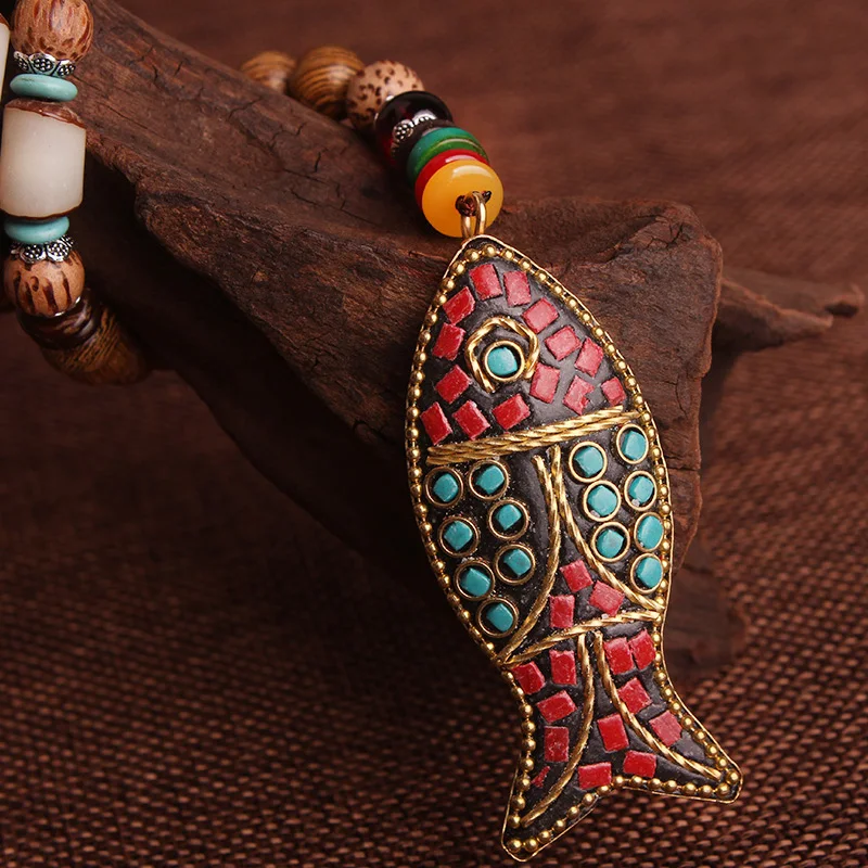 Модное этническое ожерелье с рыбками, камни, винтажные пластинчатые ювелирные изделия в непальском стиле, винтажное ожерелье с подвеской санвудс ручной работы