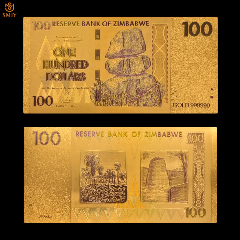 10 шт./лот Зимбабве 100 доллар деньги золотая банкнота в 24 К Позолоченные с золотом 999 Металл чистого золота для коллекции
