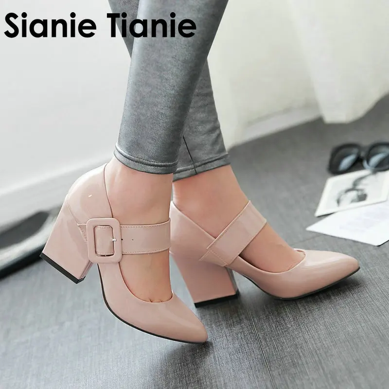 

Sianie Tianie 2019 spring autumn red white apricot patent PU big buckle mary janes ladies shoes thick high heels pumps for women