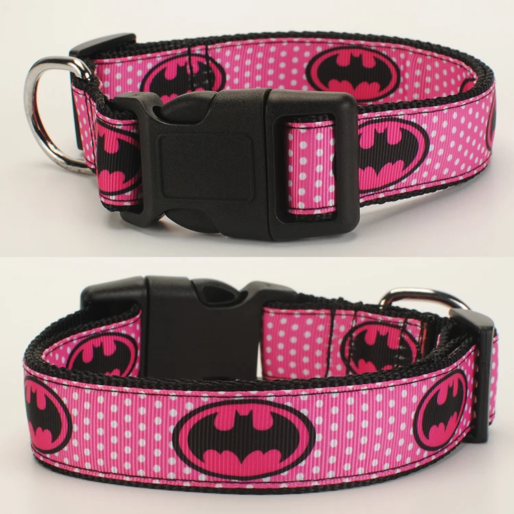 Поводок для собак, ошейник, ремень безопасности, брелок, 1 дюйм ярко-розовая лента с рисунком Бэтмена - Цвет: collar XL 36 to 55cm