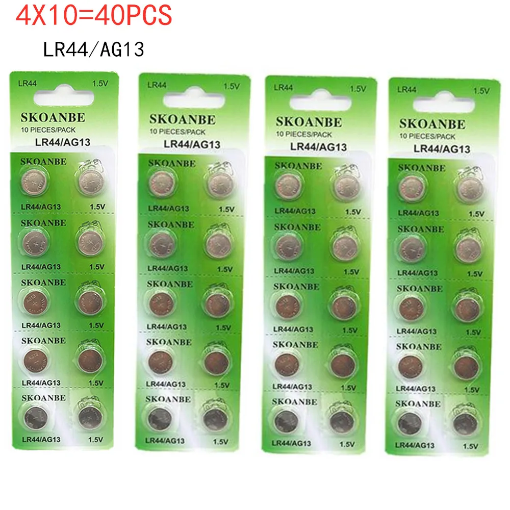 

CARD4x10=40PCS TBUOTZO GREEN Alkaline Battery AG13 1.5V LR44 386 Button Coin Cell Watch Toys Batteries Control Remote SR43 186