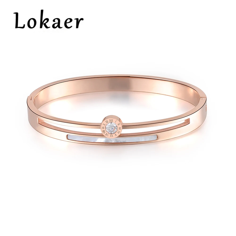 

Lokaer Cubic Zirconia Roman Number Bangles For Women Stainless Steel White Shell Lover Charm Bracelets & Bangles Drop Shipping