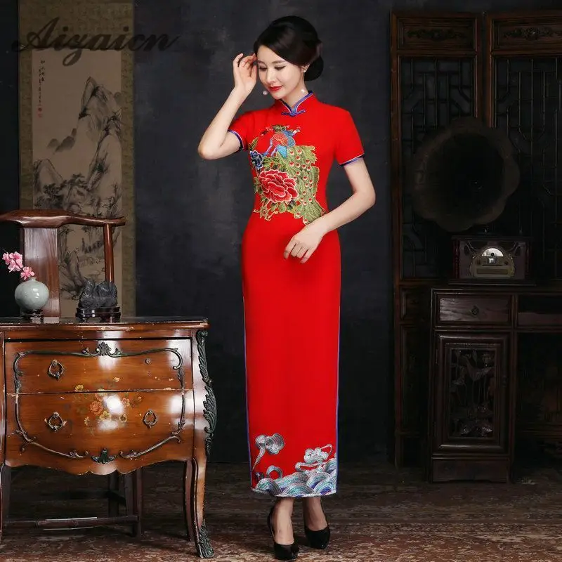 Китайский невесты Cheongsam длинное платье современное Ципао красный кружево Тонкий Винтаж модные принты Платья вечерние партии Прополка
