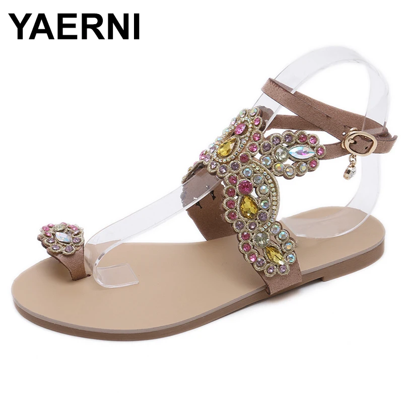 

YAERNIWomen Flats Rhinestone Crystal Sandals Flat Heels Luxury Wedding Bridesmaid Shoes Ring Toe Bohemia Ethnic Flip FlopsE1131