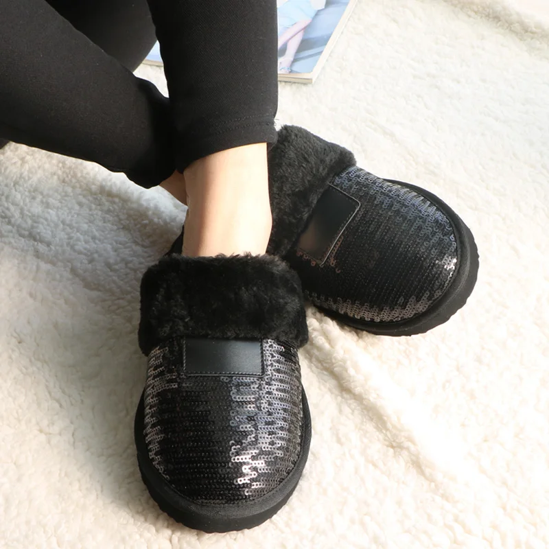 New Winter Black Sequined Women Slippers Fur Warm Plush Female Slides Indoor EVA Flat Slides Home Flip Winter Shoes Slip-on