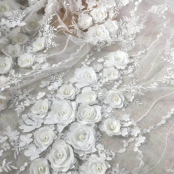 

heavy embroidered lace fabric with 3D flowers, tulle lace fabric with floral embroidery, off white 3d flower lace fabric
