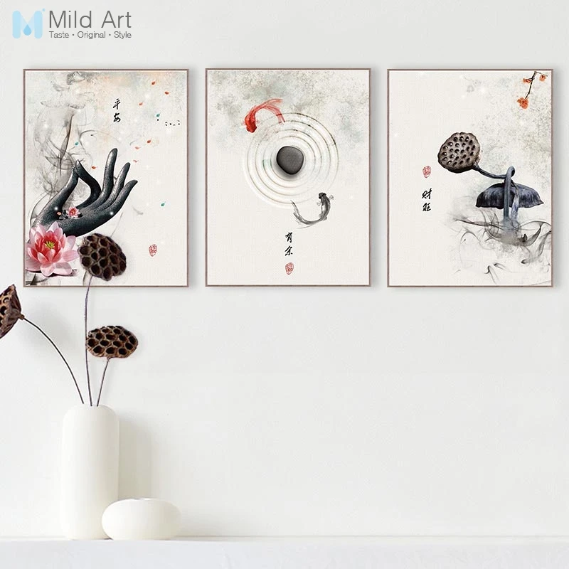 

Chinese Watercolor Buddha Hand Zen Lotus Fish Posters Prints Oriental Living Room Wall Art Pictures Home Decor Canvas Paintings