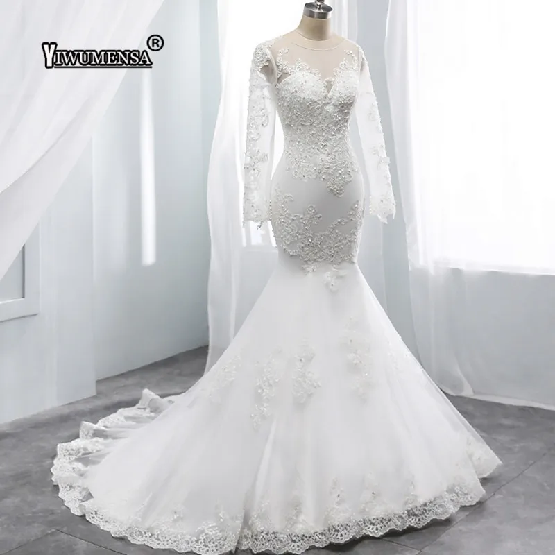 Us 1365 30 Offreal Photo Illusion Sexy Mermaid Long Wedding Dresses 2019 Robe De Mariee Appliques Lace Bridal Gowns Plus Size Wedding Dresses In