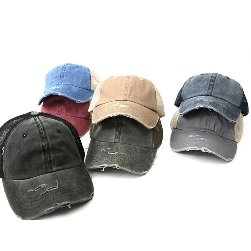 

Womens Summer Ponytail Messy Bun Baseball Cap Vintage Washed Color Breathable Mesh Back Adjustable Snapback Distressed Sun Hat