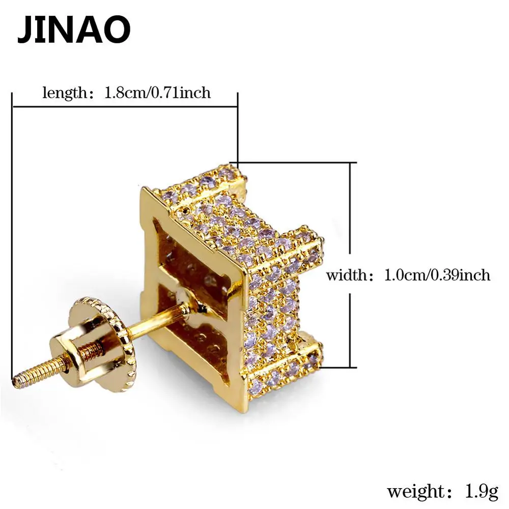 JINAO хип-хоп новые модные серьги-гвоздики со льдом золотого цвета с микро кубическим цирконием квадратные серьги-гвоздики для мужчин и женщин - Окраска металла: gold
