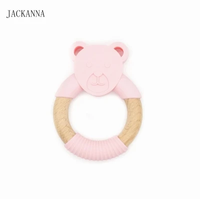 1PC Animal Shape Silicone Teether Wooden Ring Nursing Accessories Chewable Rattle Toy Circle Newborn Shower Gifts Baby Teether - Цвет: 16