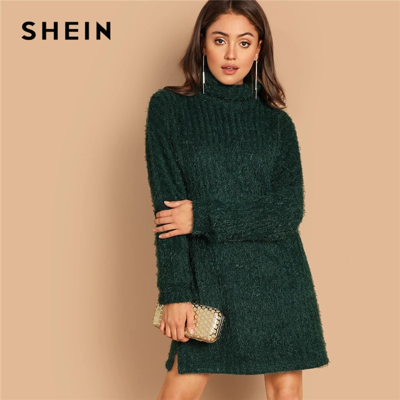 SHEIN Платье Свитер С Высоким Воротником И Длинным Рукавом Длинный Пушистый