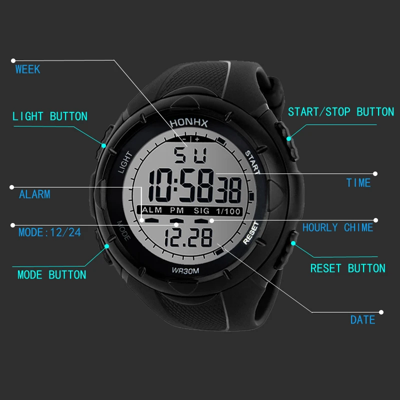HONHX Для мужчин электронные часы, Повседневное Спорт на открытом воздухе цифровой светодиодный силиконовый Водонепроницаемый Круглые Наручные часы
